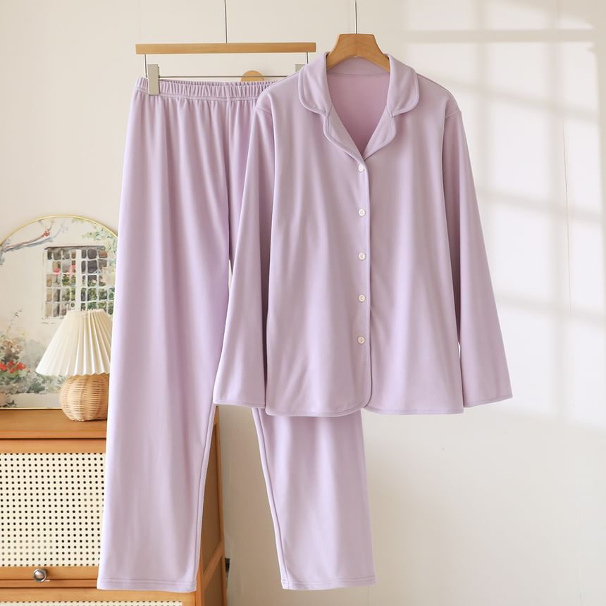 Couple Matching Pajama Set: Long-Sleeve Lapel Collar Button-Up Plain Top + Pants (Various Designs)