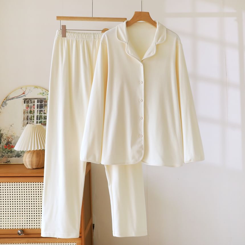 Couple Matching Pajama Set: Long-Sleeve Lapel Collar Button-Up Plain Top + Pants (Various Designs)