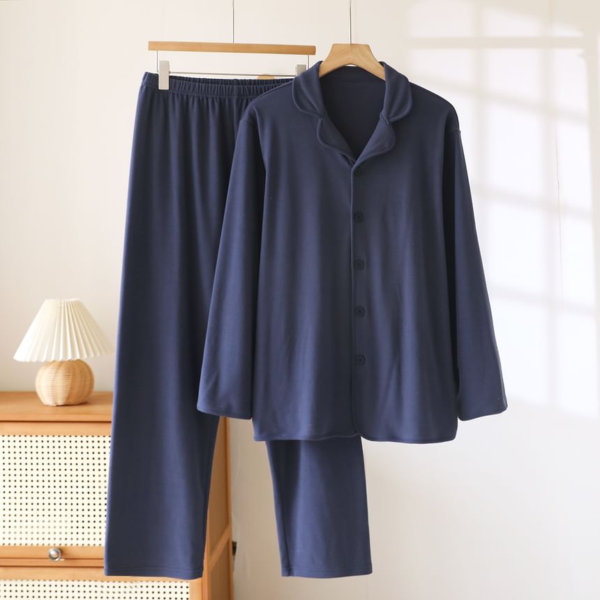 Couple Matching Pajama Set: Long-Sleeve Lapel Collar Button-Up Plain Top + Pants (Various Designs)