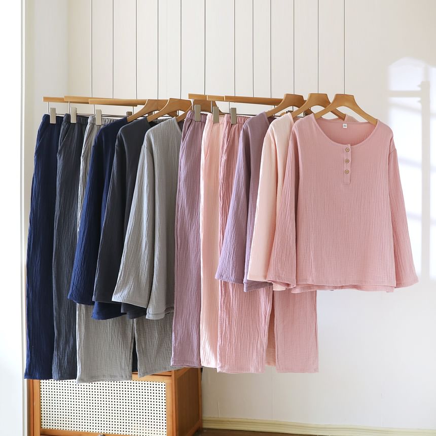 Couple Matching Pajama Set: Long-Sleeve Crew Neck Plain Top + Pants (Various Designs)