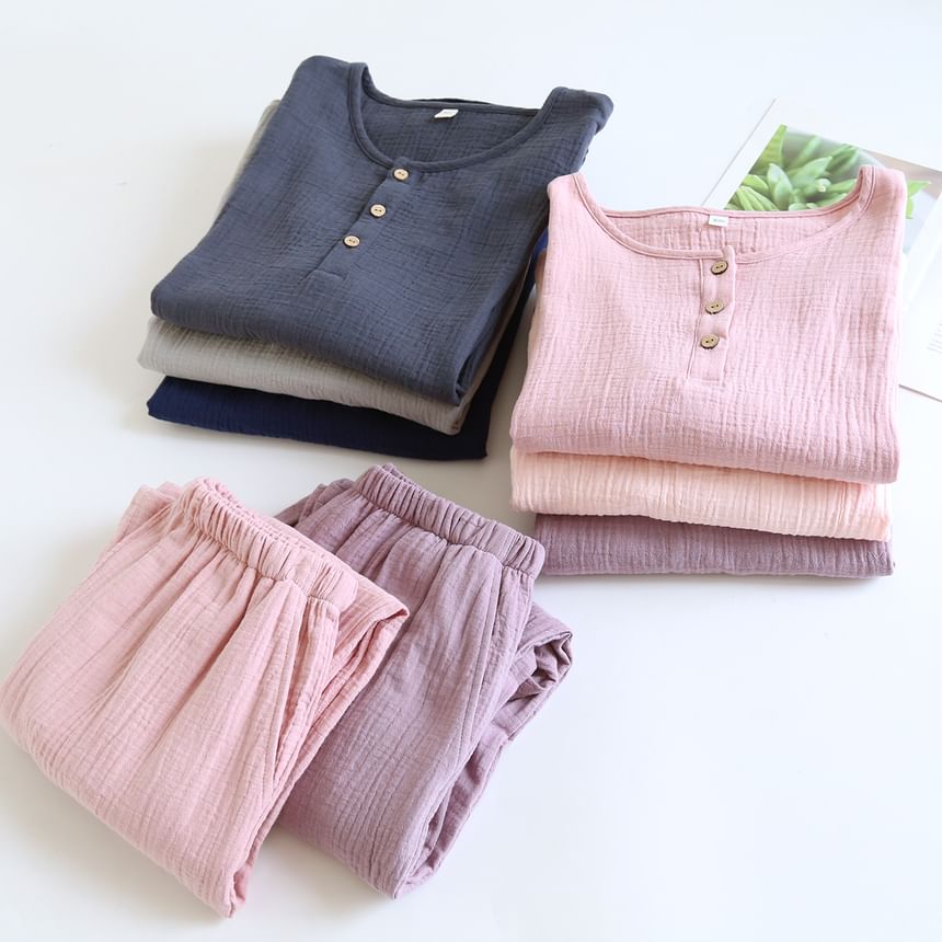 Couple Matching Pajama Set: Long-Sleeve Crew Neck Plain Top + Pants (Various Designs)