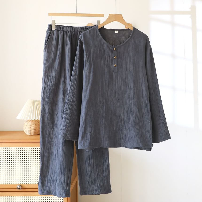 Couple Matching Pajama Set: Long-Sleeve Crew Neck Plain Top + Pants (Various Designs)