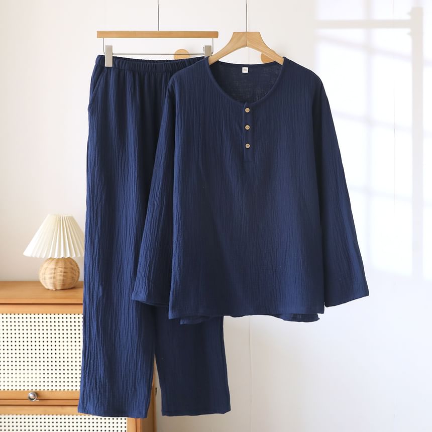 Couple Matching Pajama Set: Long-Sleeve Crew Neck Plain Top + Pants (Various Designs)