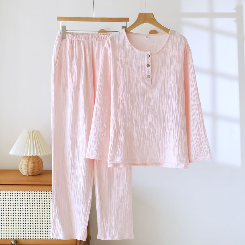 Couple Matching Pajama Set: Long-Sleeve Crew Neck Plain Top + Pants (Various Designs)