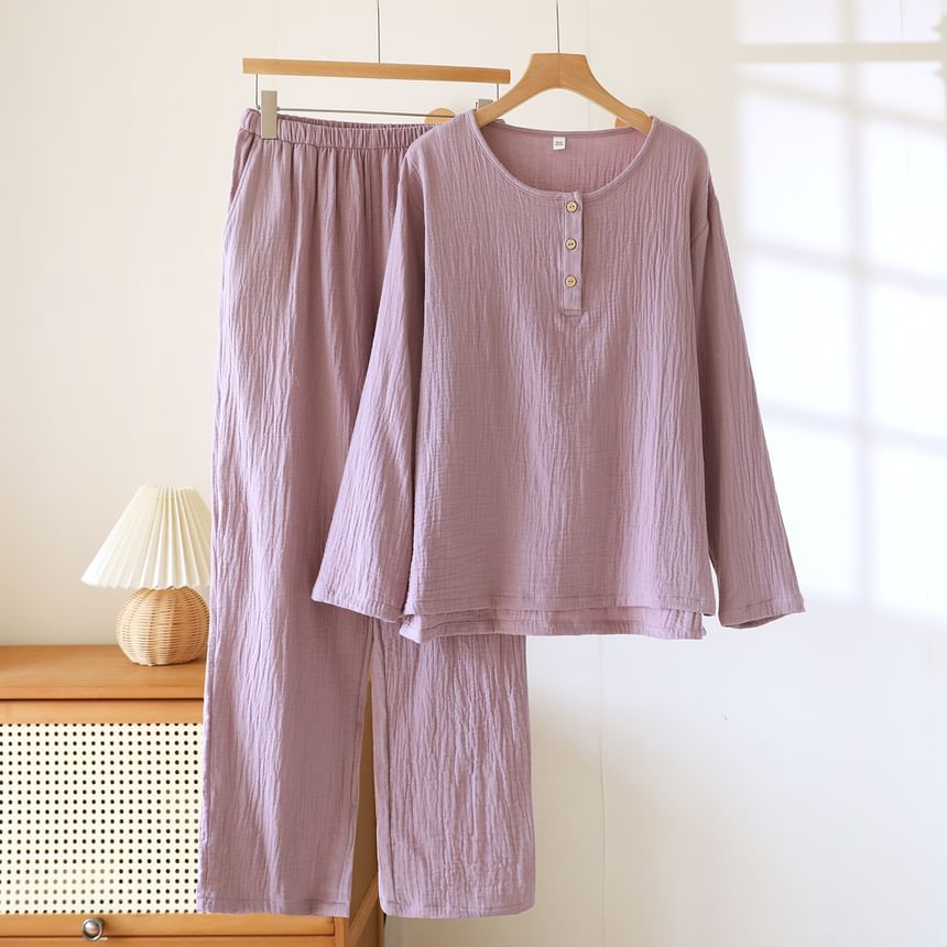 Couple Matching Pajama Set: Long-Sleeve Crew Neck Plain Top + Pants (Various Designs)