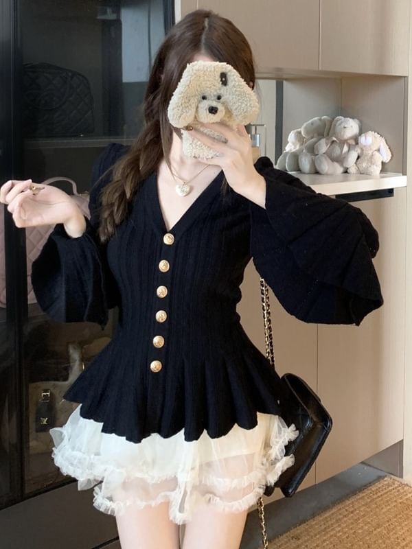 Flared-Cuff V-Neck Mesh Ruffle Button-Up Cardigan