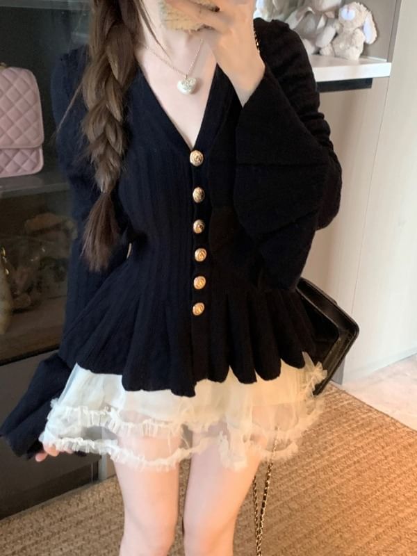 Flared-Cuff V-Neck Mesh Ruffle Button-Up Cardigan