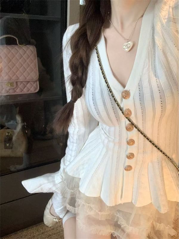 Flared-Cuff V-Neck Mesh Ruffle Button-Up Cardigan