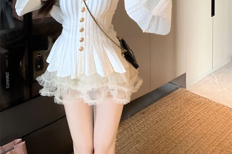 Flared-Cuff V-Neck Mesh Ruffle Button-Up Cardigan