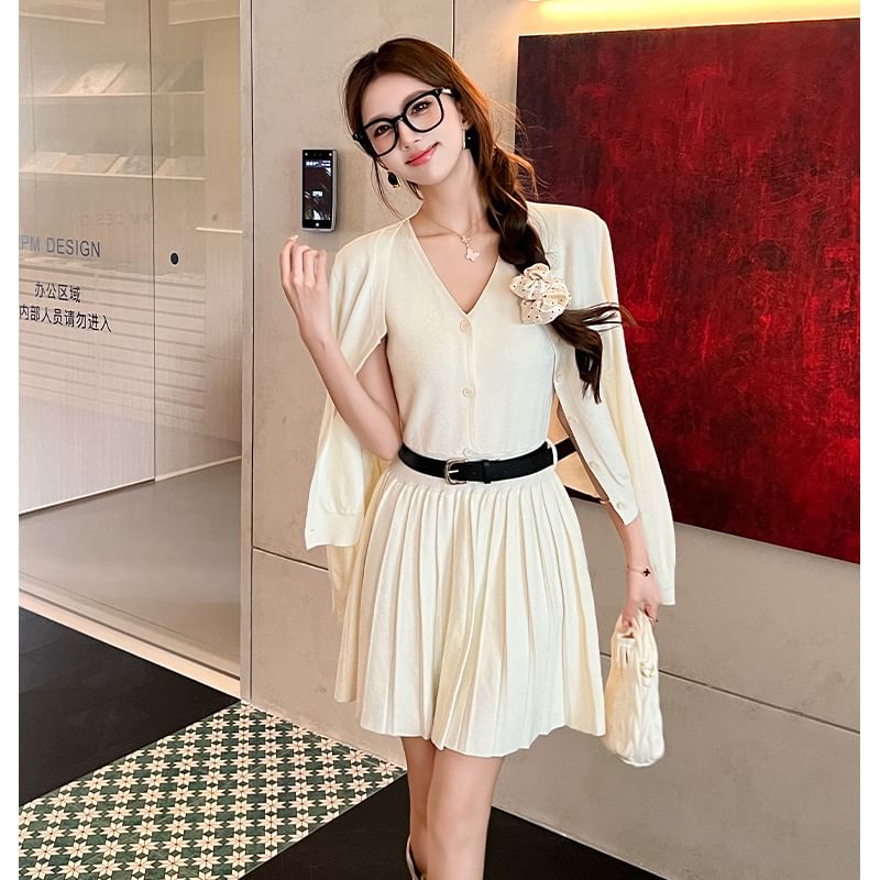 Set: Sleeveless V-Neck Plain Knit Mini Pleated Dress + Round Neck Plain Cardigan