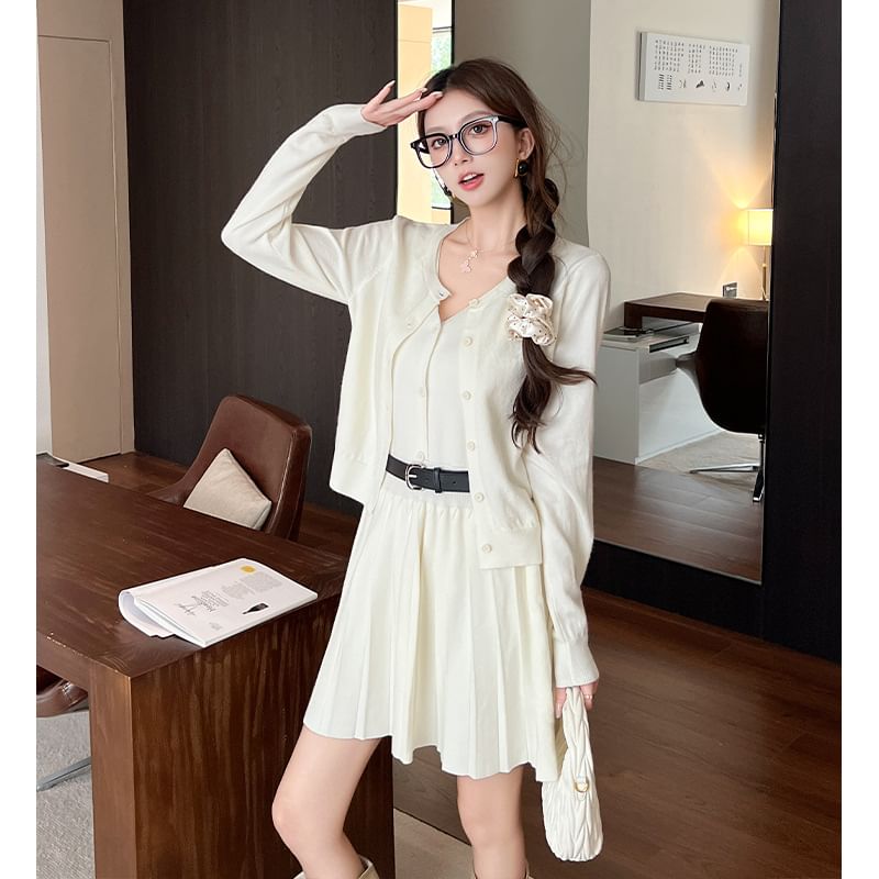 Set: Sleeveless V-Neck Plain Knit Mini Pleated Dress + Round Neck Plain Cardigan