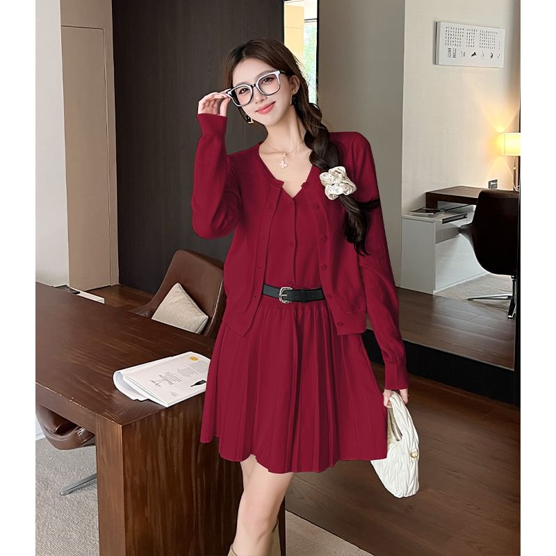 Set: Sleeveless V-Neck Plain Knit Mini Pleated Dress + Round Neck Plain Cardigan