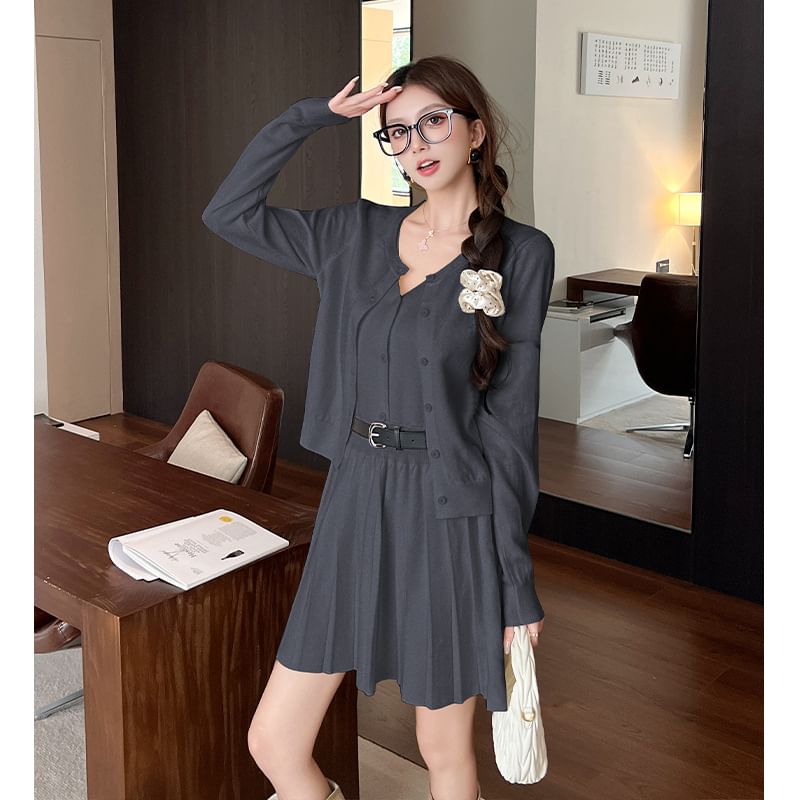 Set: Sleeveless V-Neck Plain Knit Mini Pleated Dress + Round Neck Plain Cardigan