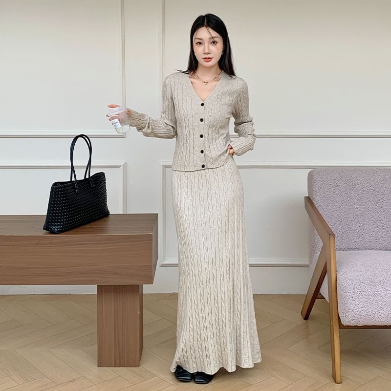 Set: V-Neck Plain Cable Knit Cardigan + High Rise Plain Maxi A-Line Skirt