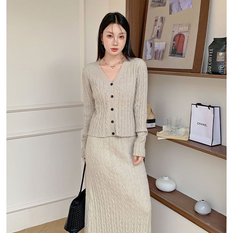 Set: V-Neck Plain Cable Knit Cardigan + High Rise Plain Maxi A-Line Skirt