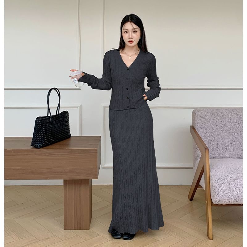 Set: V-Neck Plain Cable Knit Cardigan + High Rise Plain Maxi A-Line Skirt