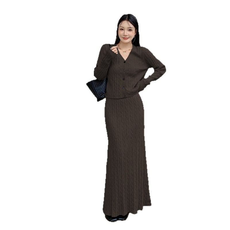 Set: V-Neck Plain Cable Knit Cardigan + High Rise Plain Maxi A-Line Skirt