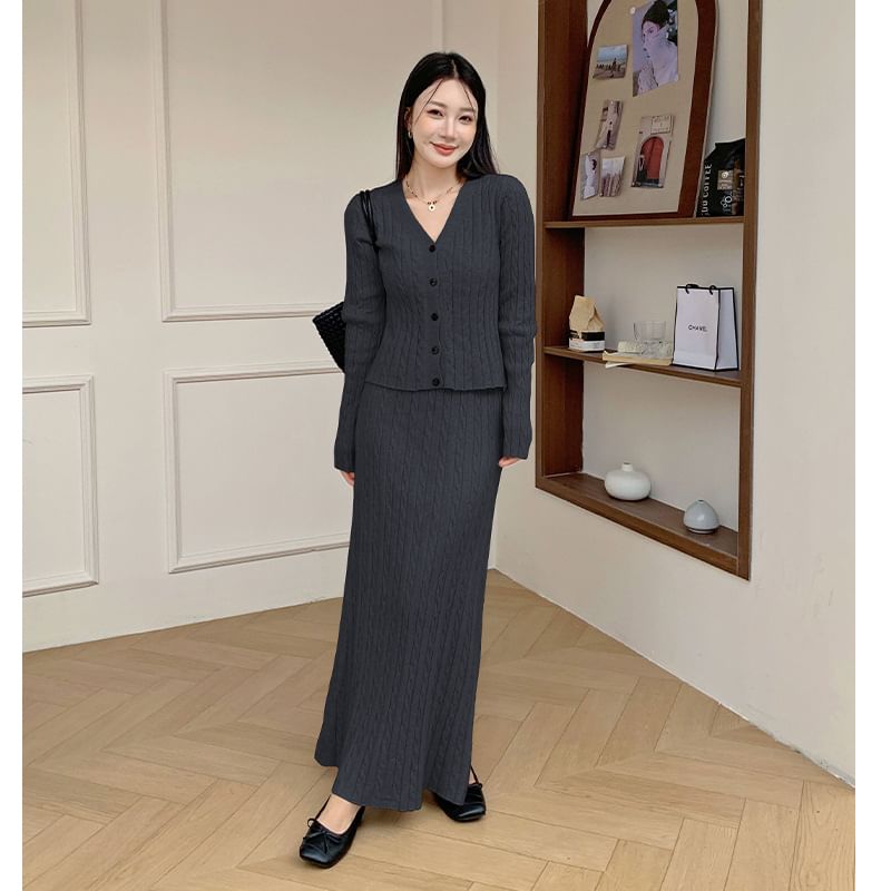 Set: V-Neck Plain Cable Knit Cardigan + High Rise Plain Maxi A-Line Skirt