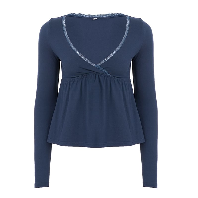A-Line T-Shirt with Long Sleeves, V-Neck, and Lace Trim