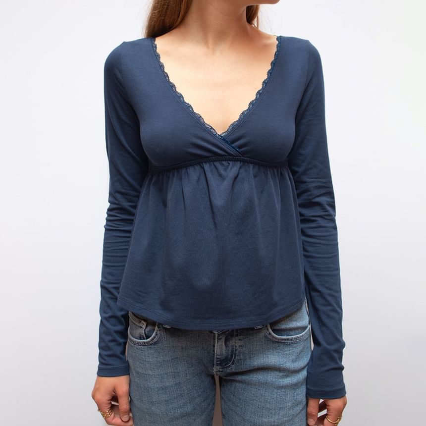 A-Line T-Shirt with Long Sleeves, V-Neck, and Lace Trim