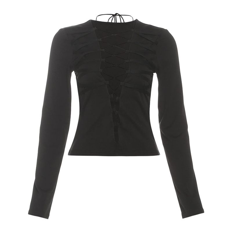 Long Sleeve Lace-Up Bodysuit in Plain Style