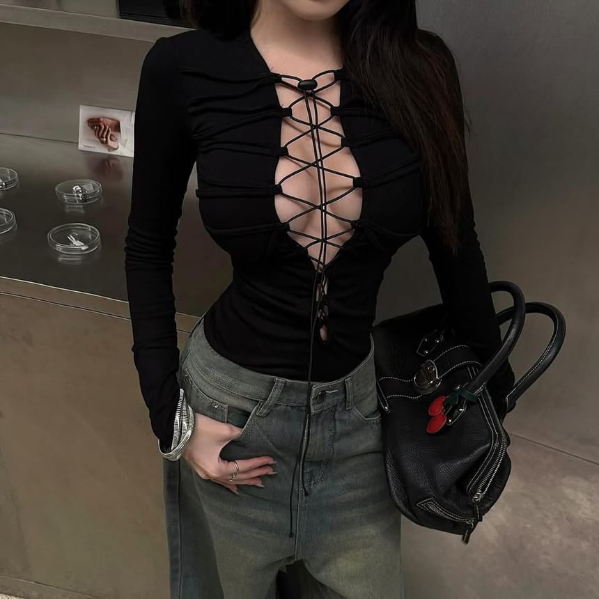 Long Sleeve Lace-Up Bodysuit in Plain Style