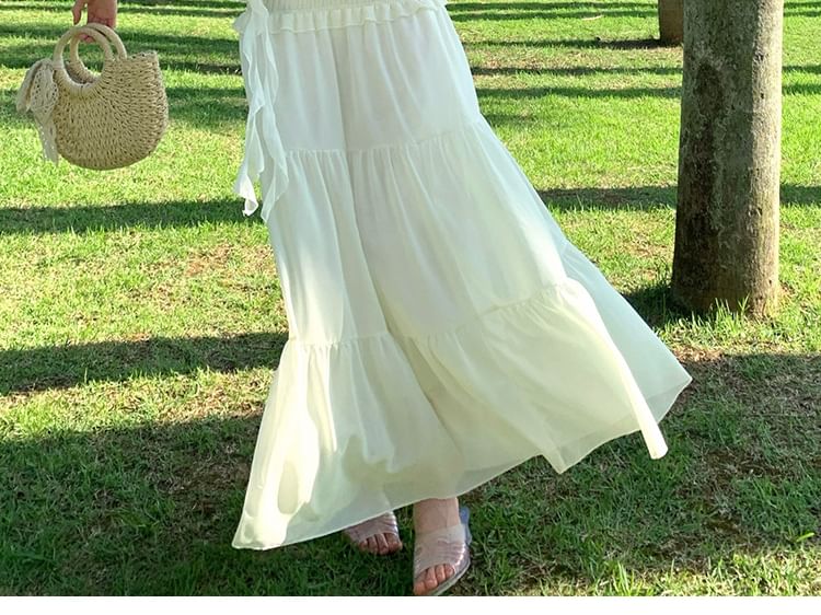 Two-Piece Set: Asymmetrical Halter Crop Top with Ruffle Trim + Tiered Maxi A-Line Skirt