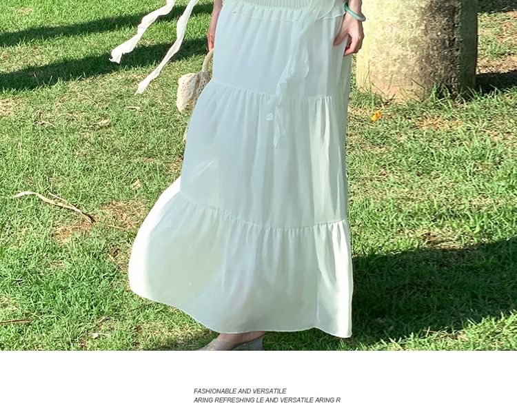 Two-Piece Set: Asymmetrical Halter Crop Top with Ruffle Trim + Tiered Maxi A-Line Skirt