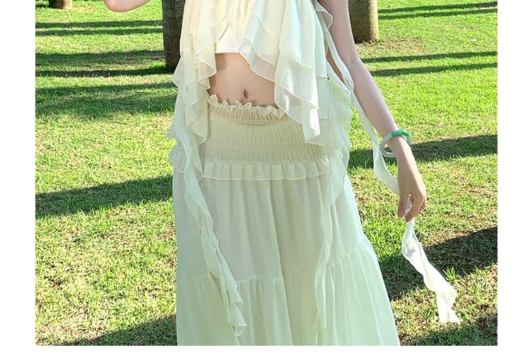 Two-Piece Set: Asymmetrical Halter Crop Top with Ruffle Trim + Tiered Maxi A-Line Skirt
