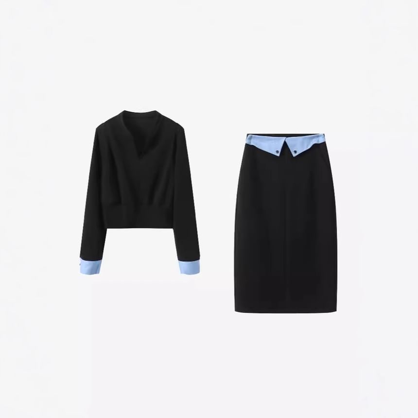 Two-Tone V-Neck Mock Two-Piece T-Shirt and Midi Pencil Skirt