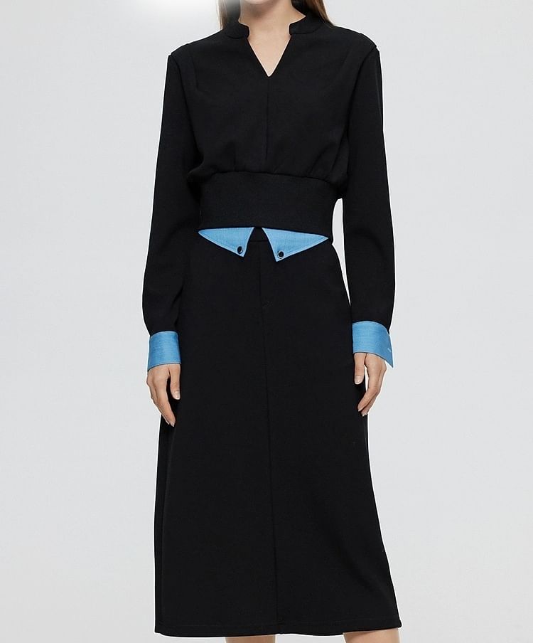 Two-Tone V-Neck Mock Two-Piece T-Shirt and Midi Pencil Skirt