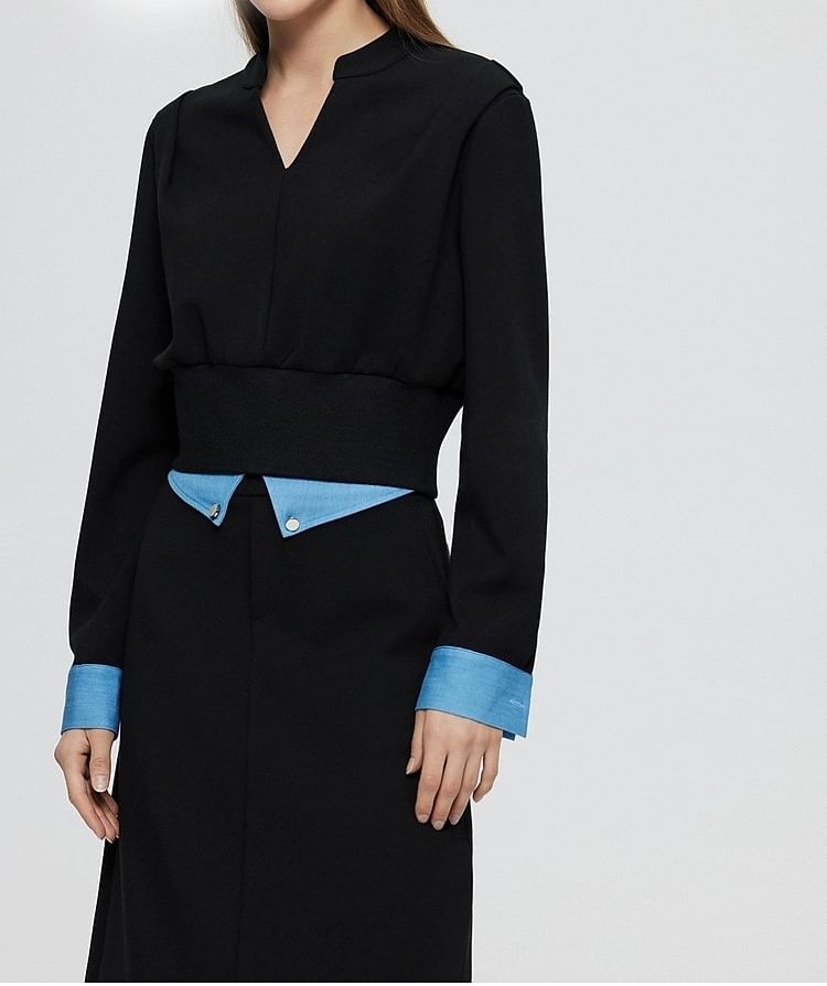 Two-Tone V-Neck Mock Two-Piece T-Shirt and Midi Pencil Skirt