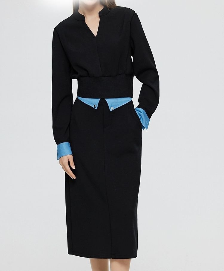 Two-Tone V-Neck Mock Two-Piece T-Shirt and Midi Pencil Skirt