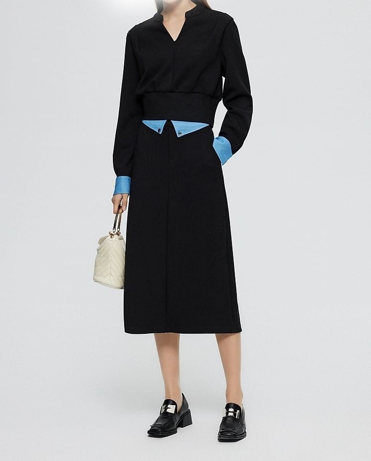 Two-Tone V-Neck Mock Two-Piece T-Shirt and Midi Pencil Skirt