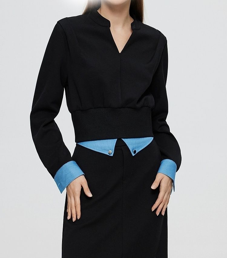 Two-Tone V-Neck Mock Two-Piece T-Shirt and Midi Pencil Skirt