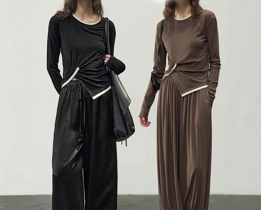 Asymmetrical Ruched Knit Top with Crew Neck and Contrast Trim Long Sleeves