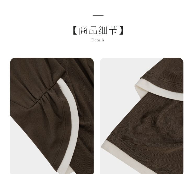 Asymmetrical Ruched Knit Top with Crew Neck and Contrast Trim Long Sleeves