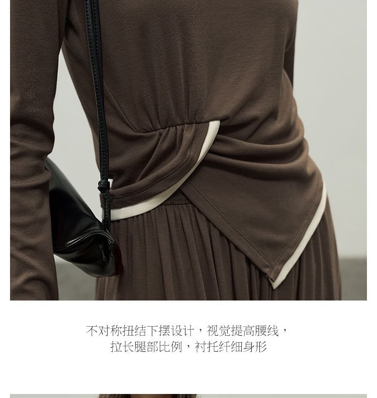 Asymmetrical Ruched Knit Top with Crew Neck and Contrast Trim Long Sleeves