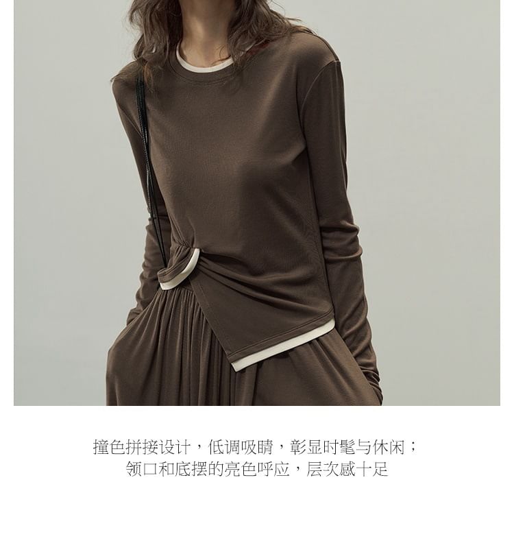 Asymmetrical Ruched Knit Top with Crew Neck and Contrast Trim Long Sleeves