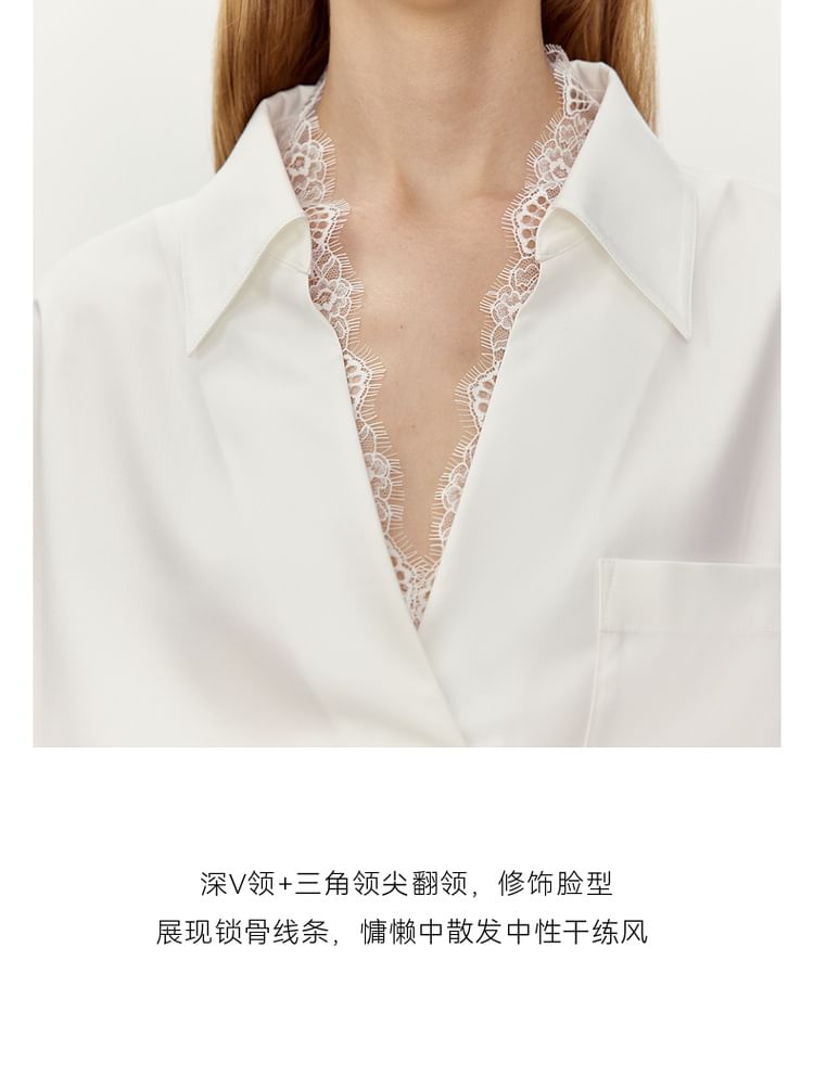 Lace Trim V-Neck Shirt with Long Sleeves