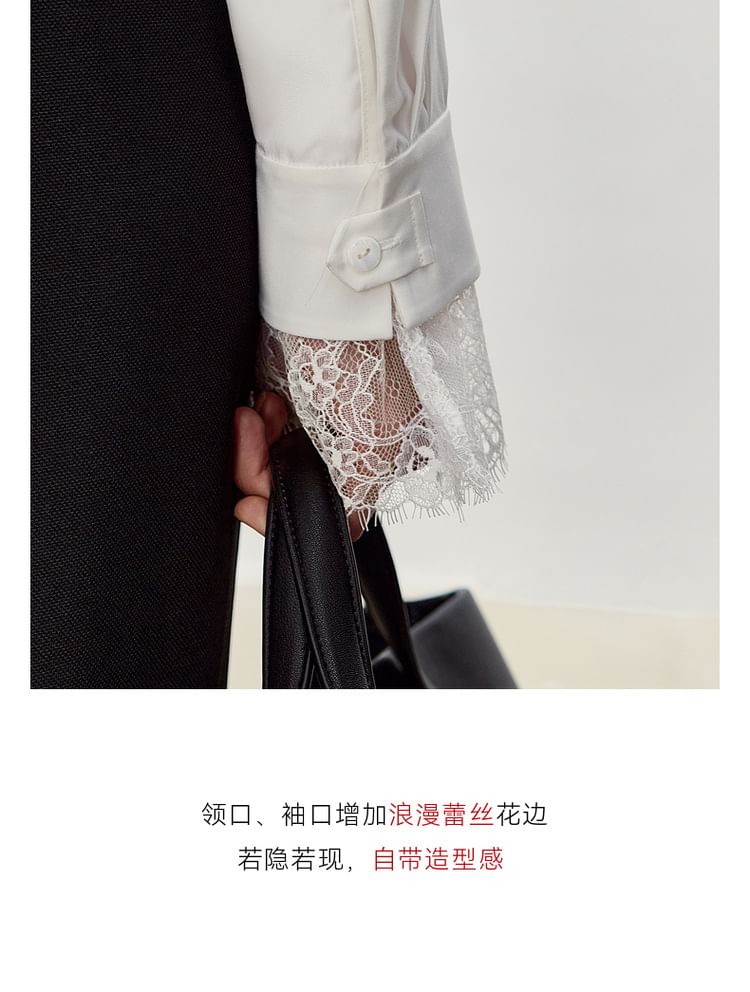 Lace Trim V-Neck Shirt with Long Sleeves