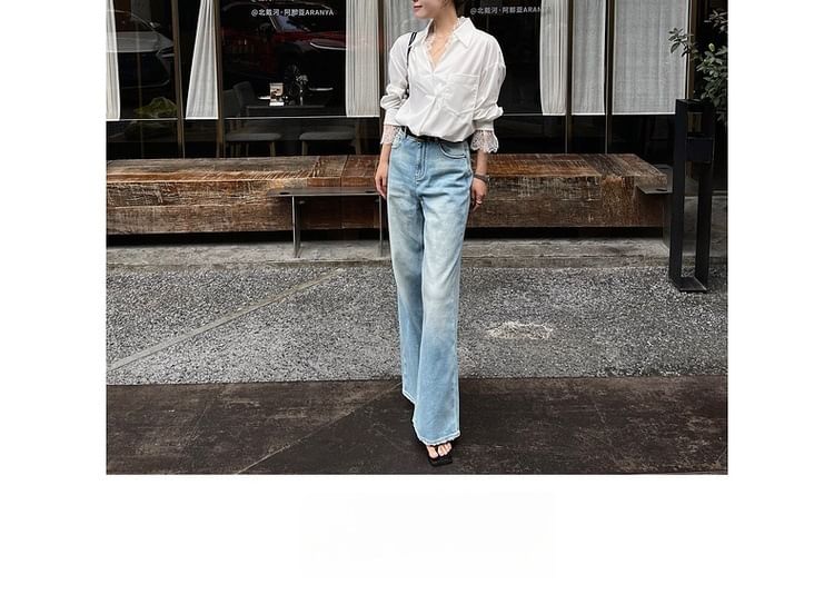Lace Trim V-Neck Shirt with Long Sleeves