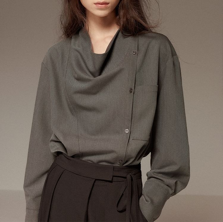 Asymmetrical Button Blouse with Cowl Neck and Long Sleeves