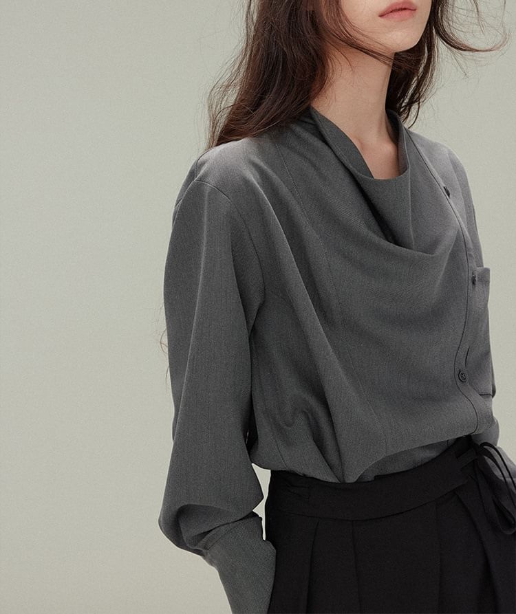 Asymmetrical Button Blouse with Cowl Neck and Long Sleeves
