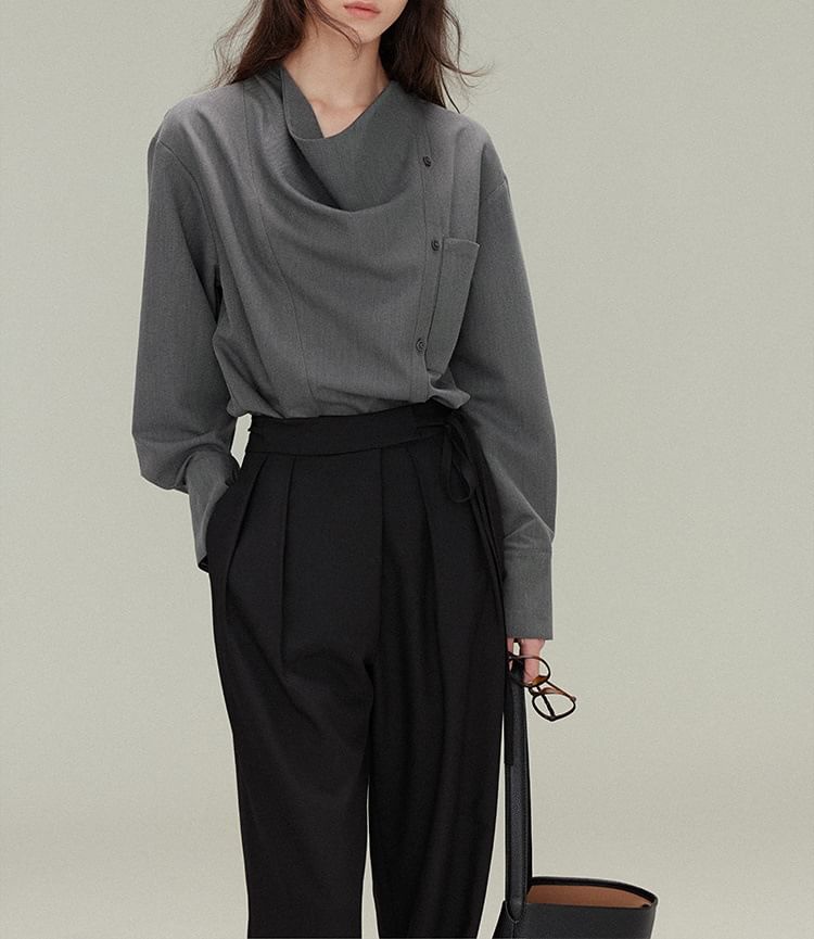 Asymmetrical Button Blouse with Cowl Neck and Long Sleeves