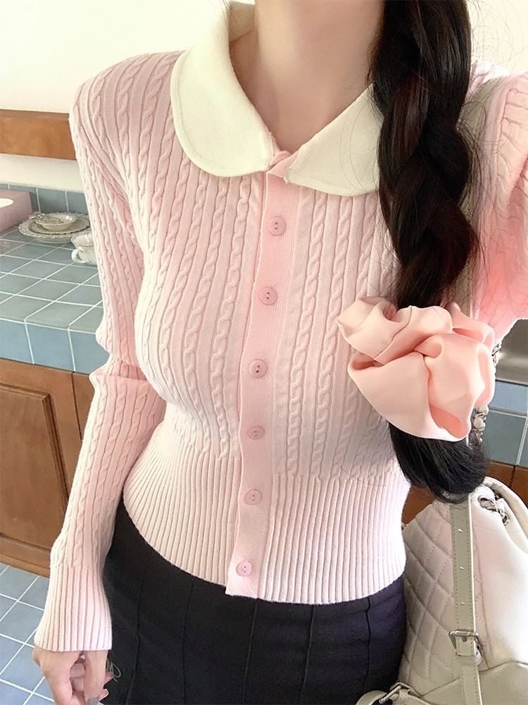 Collared Two Tone Cable Knit Cardigan