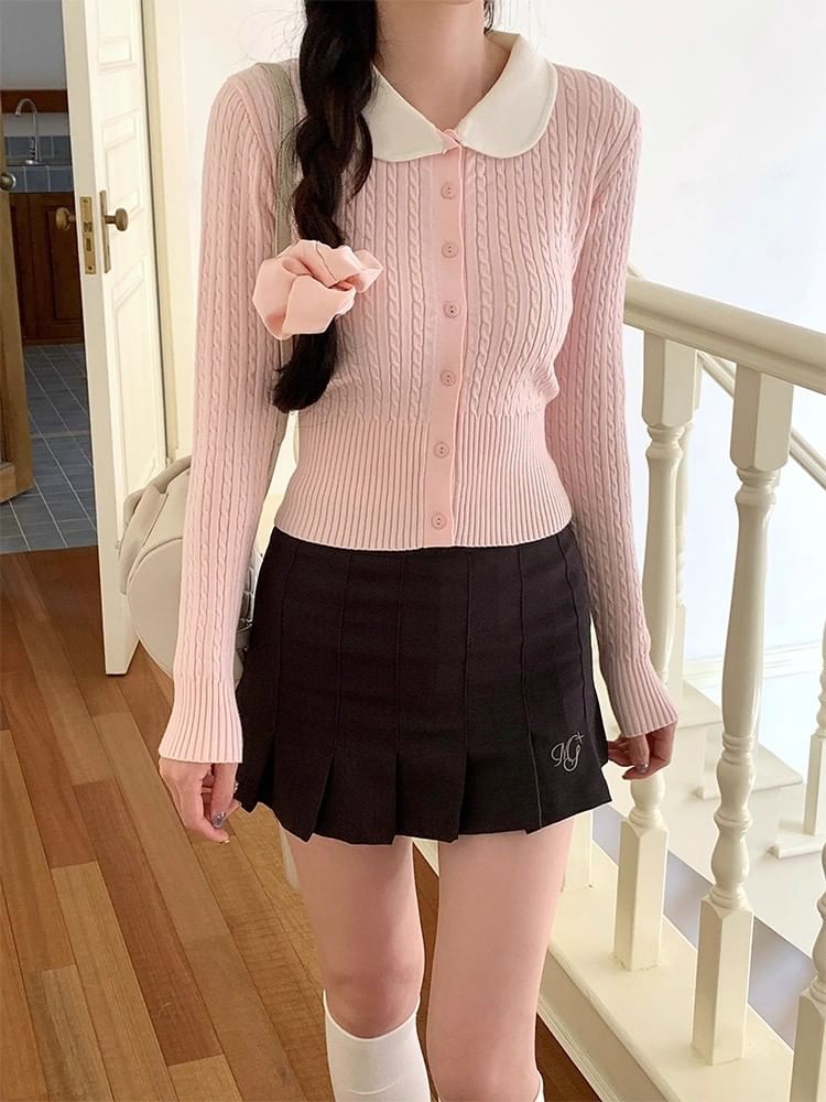 Collared Two Tone Cable Knit Cardigan
