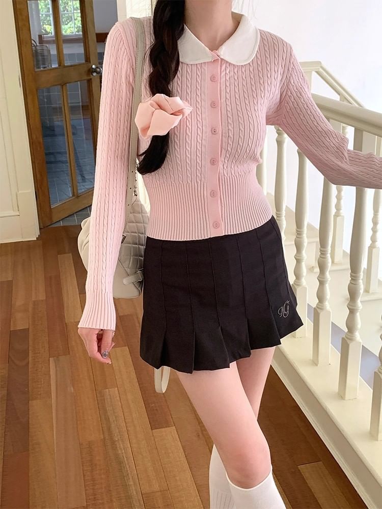 Collared Two Tone Cable Knit Cardigan