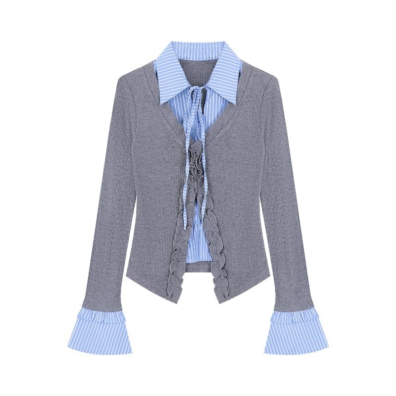 Collared Mock Two Piece Ruffle Trim Cardigan