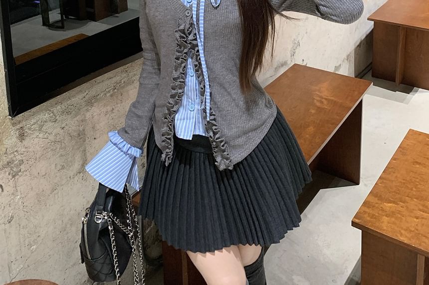 Collared Mock Two Piece Ruffle Trim Cardigan